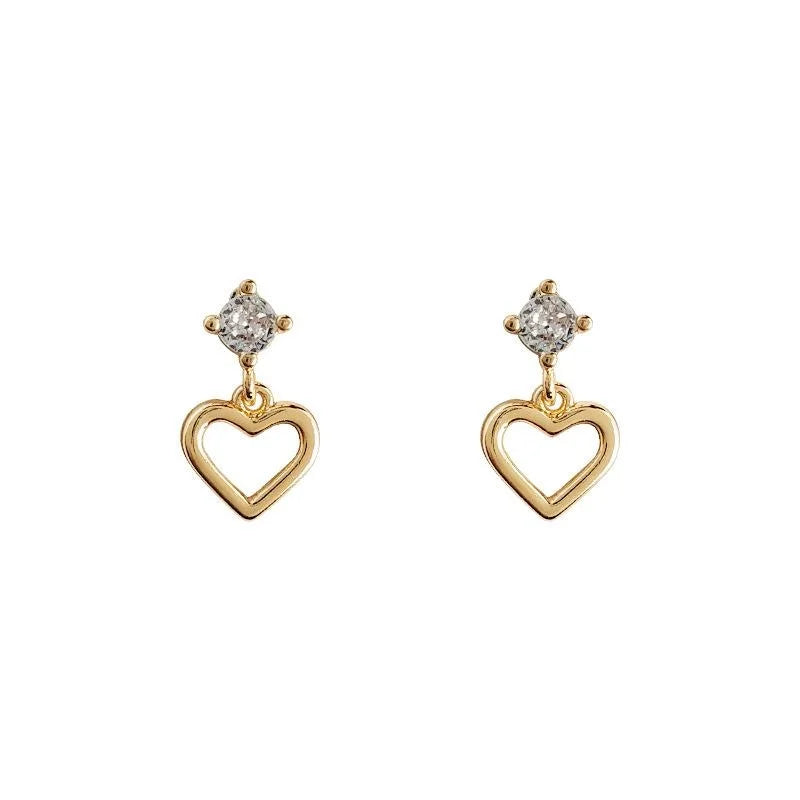 Minimalist Hollow Heart Copper Stud Earrings With Micro Paved Zircon, Versatile Women's Jewelry