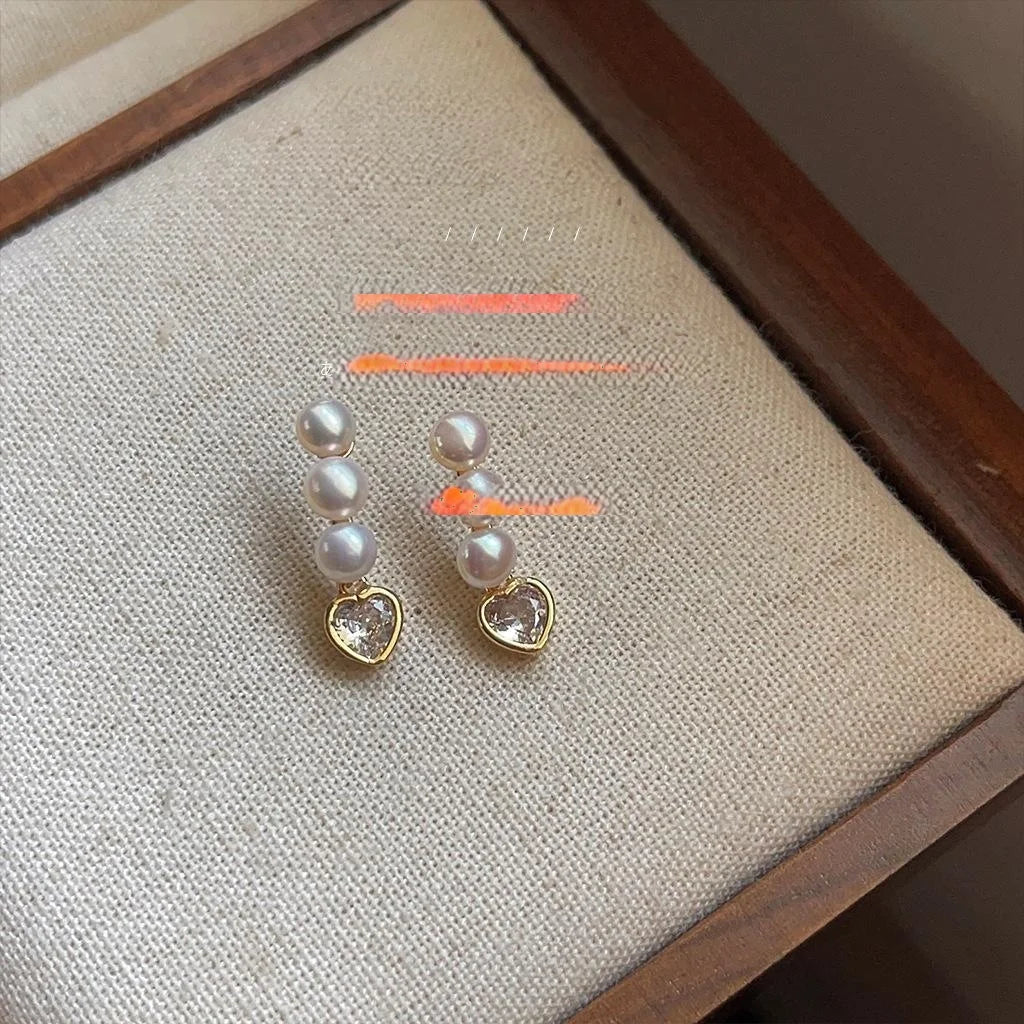 14K Gold Plated Copper Heart Freshwater Pearl Micro Pave Zircon Stud Earrings Luxury Jewelry