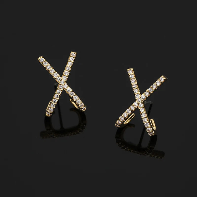 Elegant Rhinestone X Letter Cross Gold Alloy Stud & Clip On No Piercing Minimalist Micro Pave Earrings