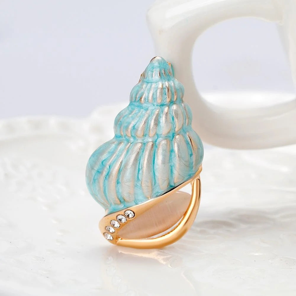 Elegant Light Blue Conch Shell Enamel Brooch With Rhinestones, Alloy Lapel Pin Corsage Suit Accessory