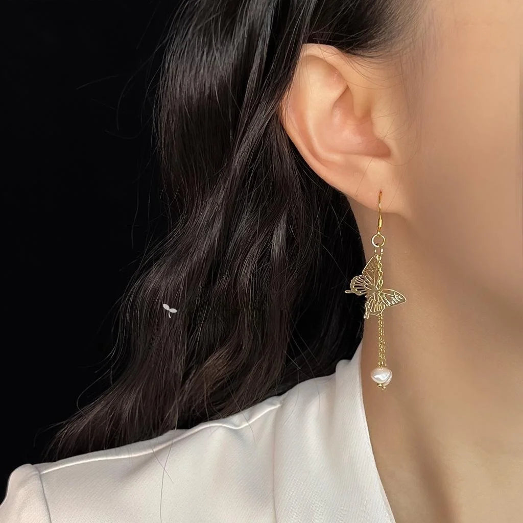 14K Gold Plated Handmade Natural Freshwater Pearl Butterfly Stud Earrings Original Minimalist Design