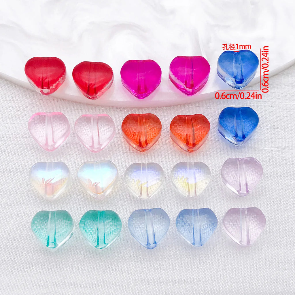 Colorful Glass Heart Loose Beads Straight Hole Beads for DIY Bracelet Necklace Phone Strap