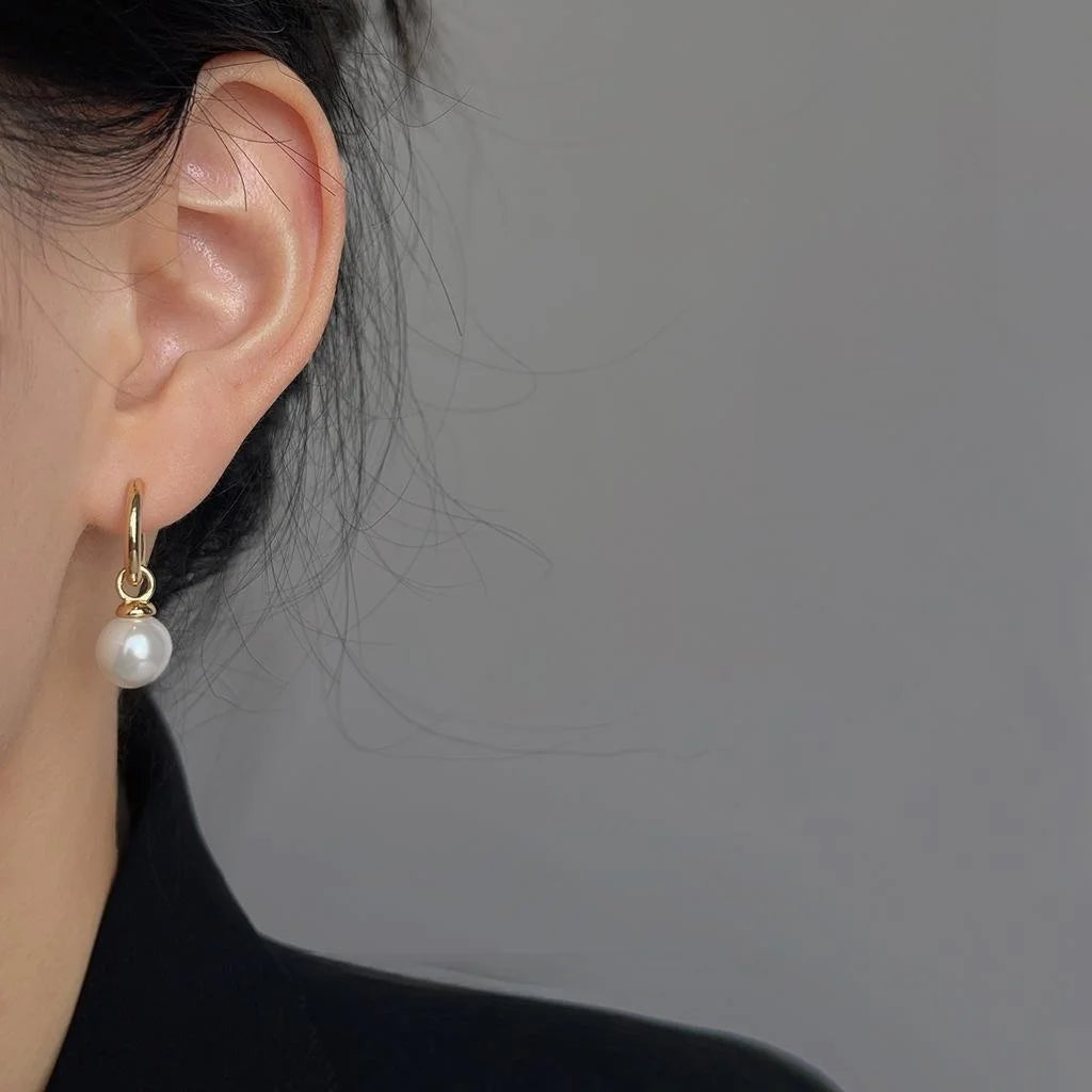 14K Gold Plated Copper Round Geometric Glass Pearl Drop Earrings Light Luxury Handmade Jewelry