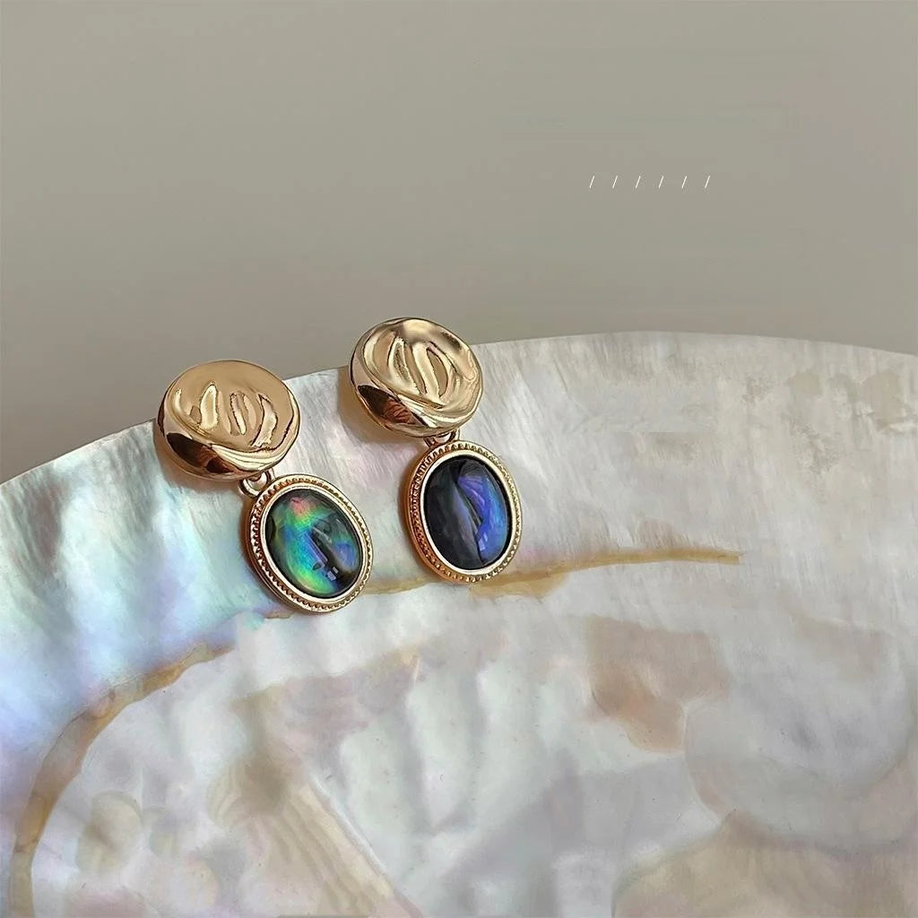 French Vintage Abalone Shell Copper Geometric Round Oval Drop Earrings Elegant Jewelry