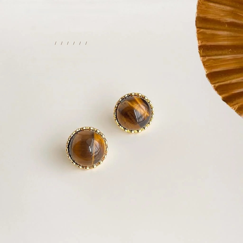 14K Gold Plated Copper Tiger Eye Round Geometric Stud Earrings For Women Minimalist Office Jewelry