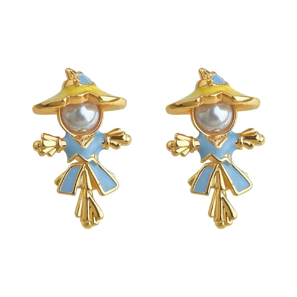 Niche Style Copper High Gloss Pearl Scarecrow Doll Enamel Hand Painted Stud Earrings