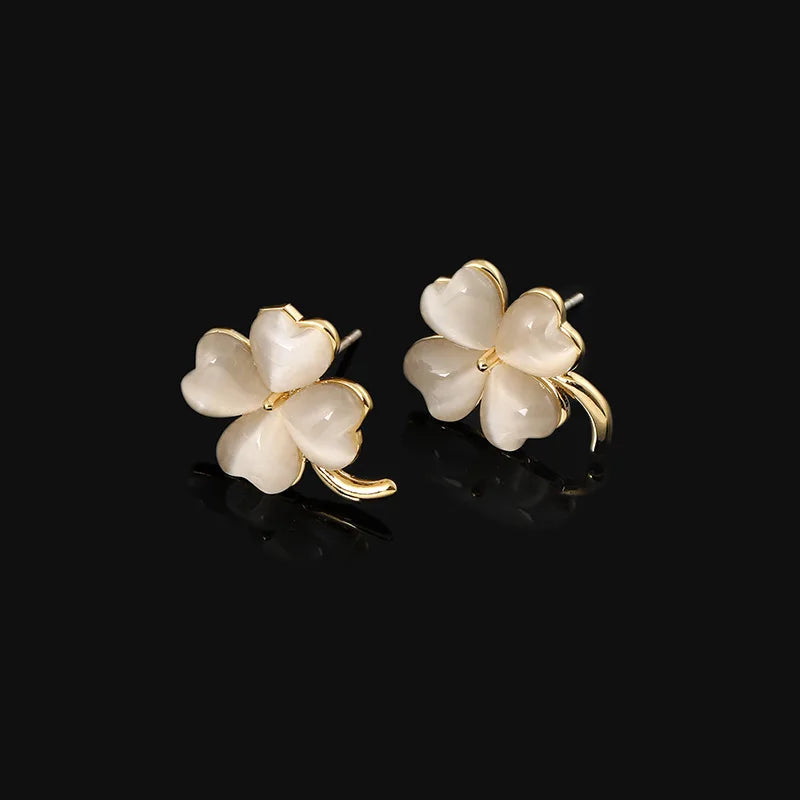 Elegant Cat Eye Stone Four Leaf Clover Alloy Stud & Clip On No Piercing Lucky Flower Earrings