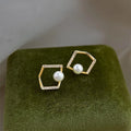 Copper Geometric Stud Earrings With Micro Pave Zircon, Pearl Hollow Line Minimalist Luxury Style