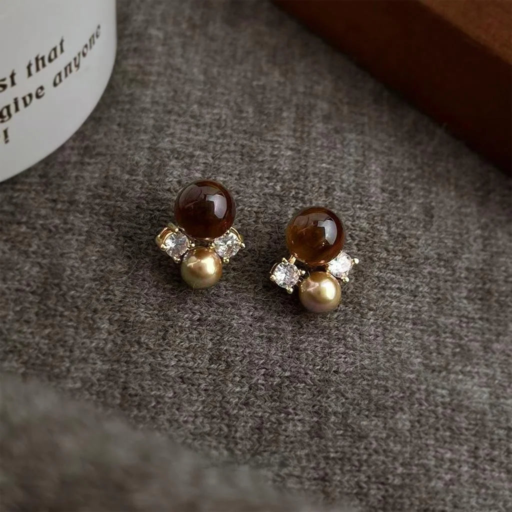 Maillard Vintage Tiger Eye Zircon Pearl Geometric Flower Stud Earrings