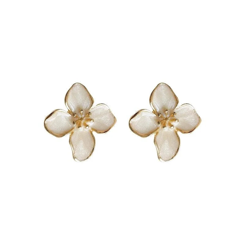 Forest Style 14K Gold Plated Copper Flower Stud Earrings With Enamel Texture
