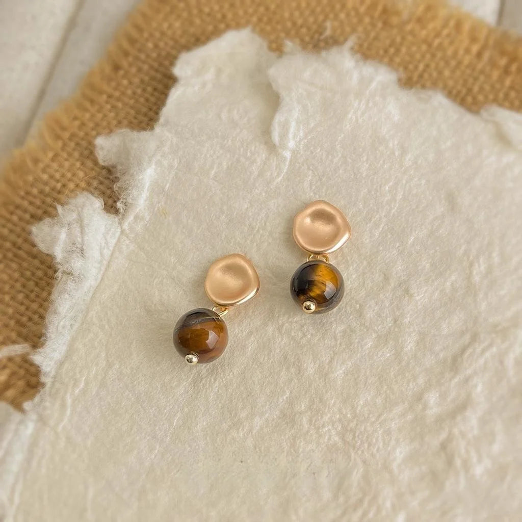 Vintage Maillard Style Tiger Eye Stone Round Geometric Drop Earrings With Copper