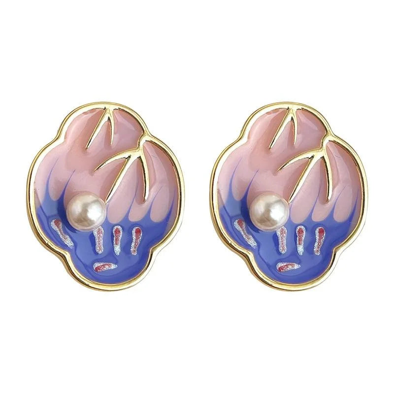 French Vintage Copper Enamel Drip Glaze Hand Painted Tulip Pearl Stud Earrings
