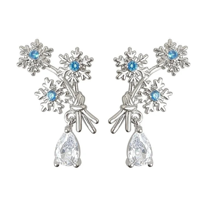 Original Snowflake Aquamarine Zircon Copper Drop Earrings Designer Floral Geometric Style