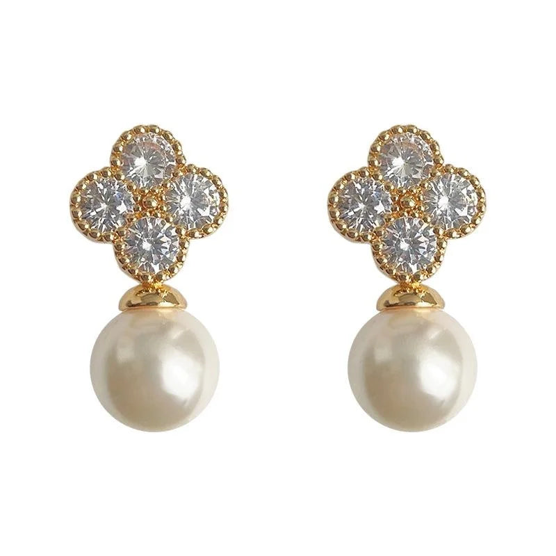 14K Gold Plated Copper Glass Pearl Flower Stud Earrings Elegant Micro Pave Zircon