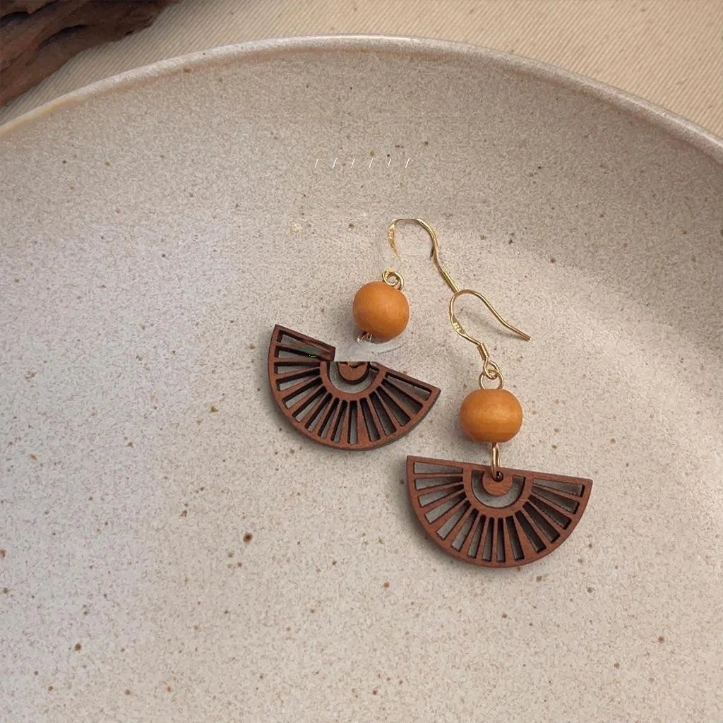 Vintage New Chinese Style Handmade Fan Shaped Copper Drop Earrings With Silver Plated Pins