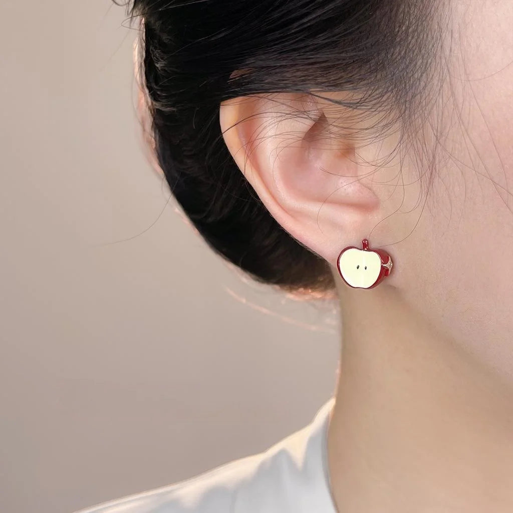 Style Copper Enamel Burgundy Apple Stud Earrings With Zircon Asymmetric AB Design