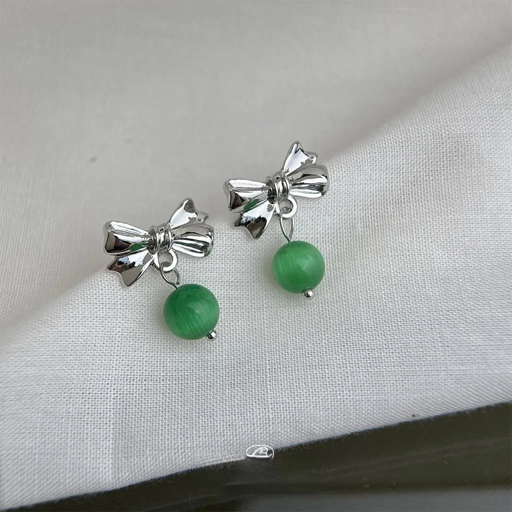 Elegant Green Glass Cat Eye Stone Bow Stud Earrings For Women Forest Style Jewelry