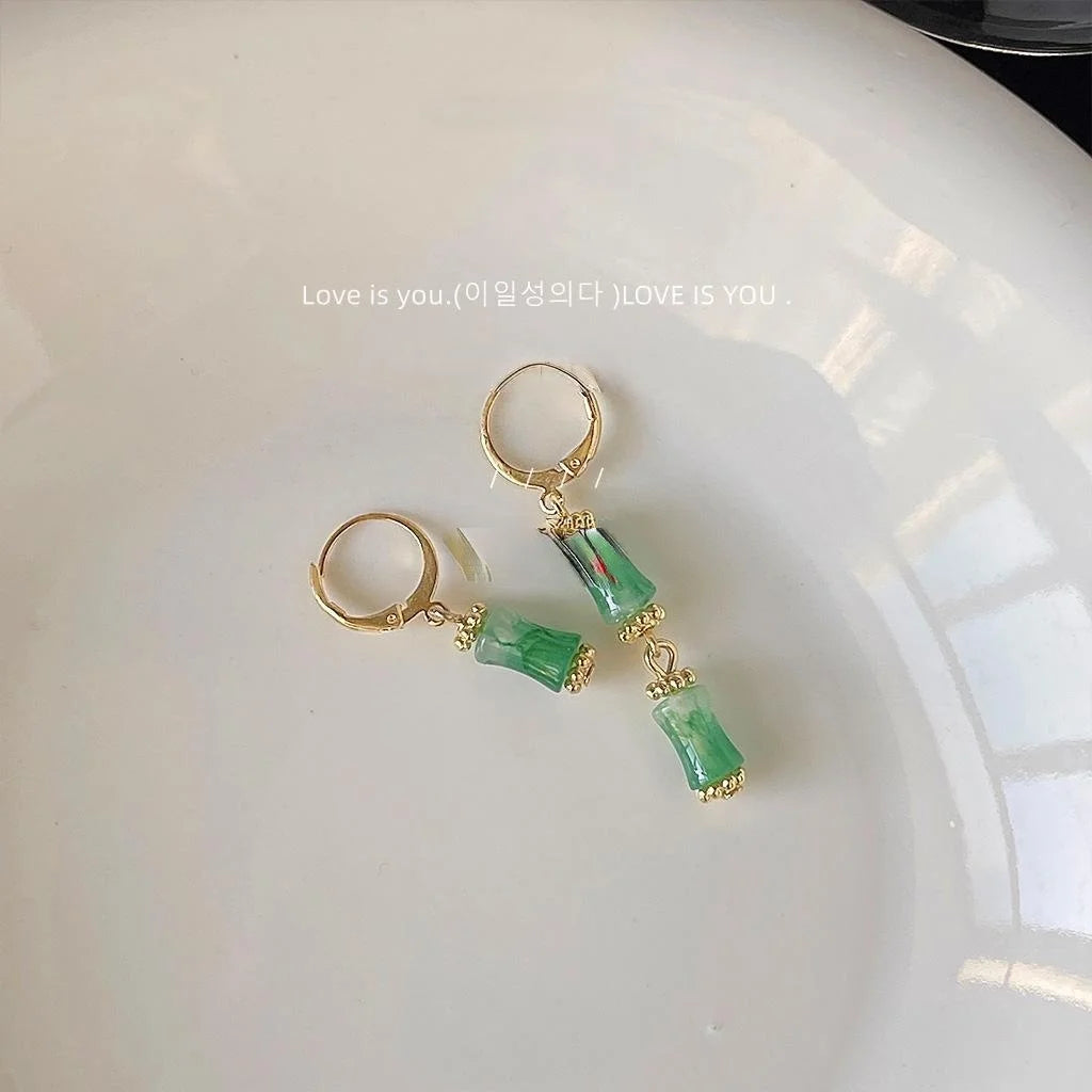 New Chinese Style Green Bamboo Segment Copper Asymmetric Drop Earrings Handmade Geometric Ear Jewelry