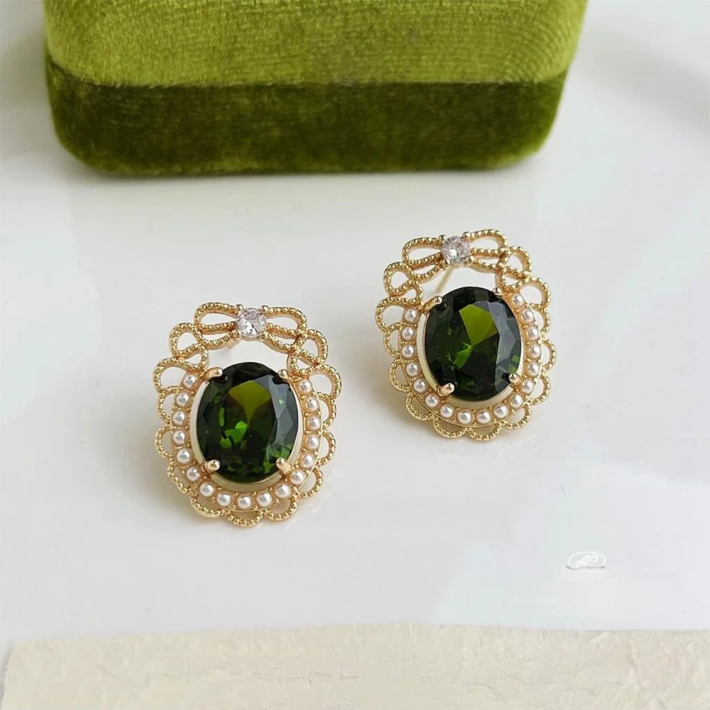 French Court Vintage Bow Stud Earrings Copper Micro Pave Zircon Hollow Lace Jewelry