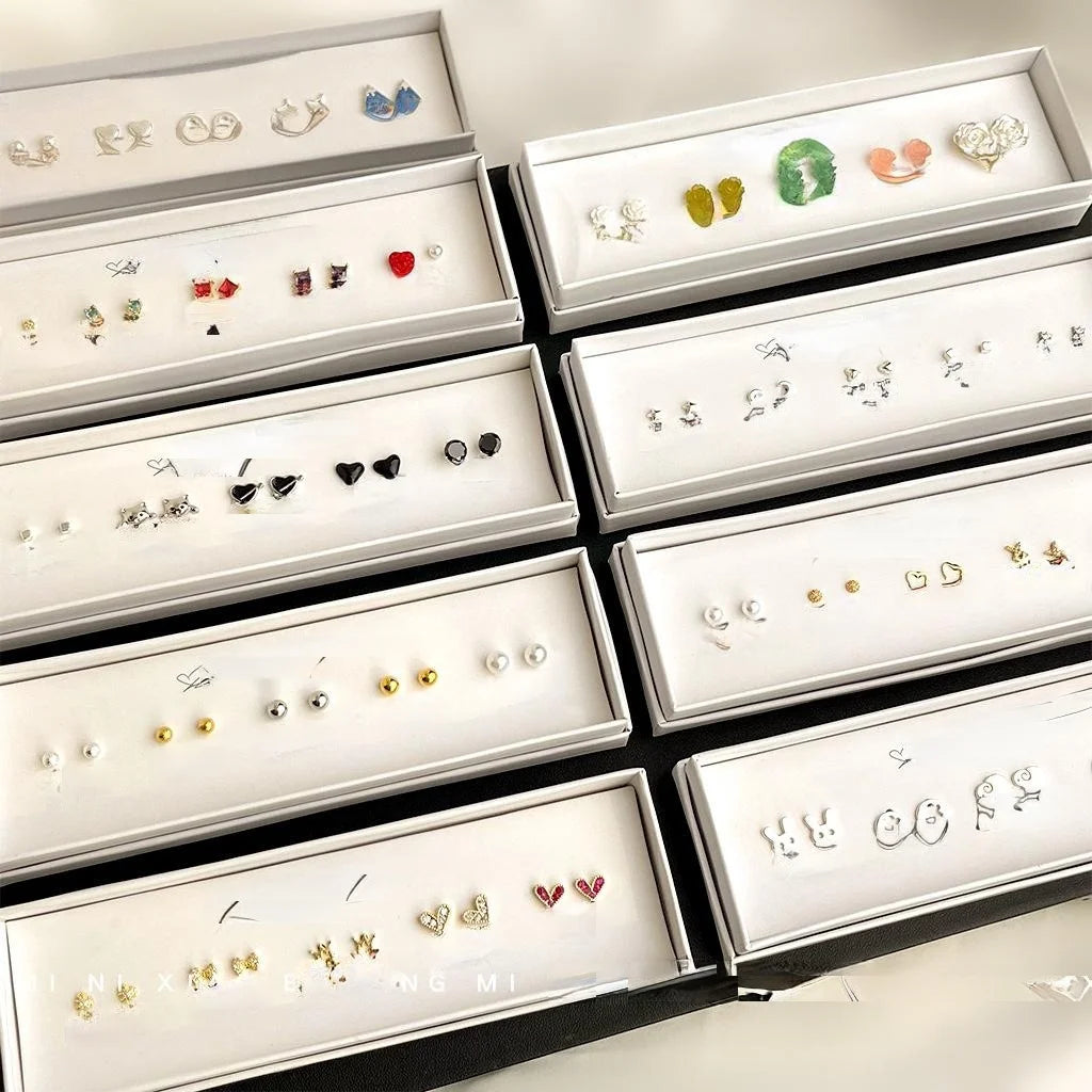 Simple Copper Stud Earrings For Women, Heart Bow Square Circle Geometric Gift Box