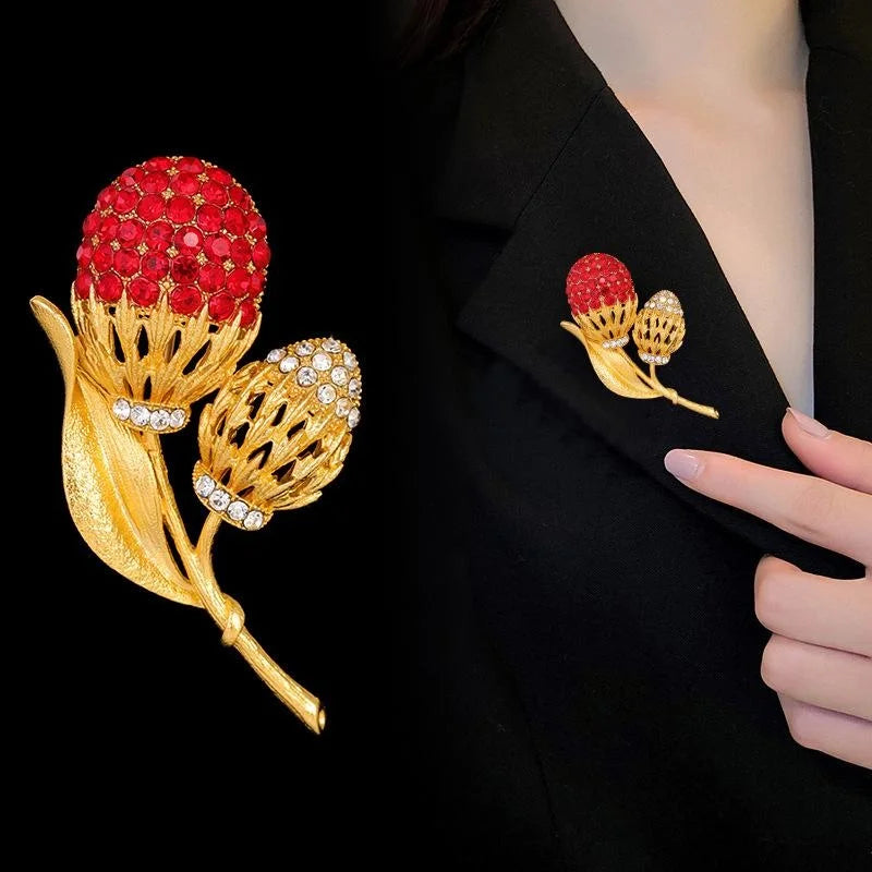 Elegant Gold Alloy Flower Brooch With Red Rhinestone Buds, Women's Lapel Pin Corsage Suit Accessory Gift