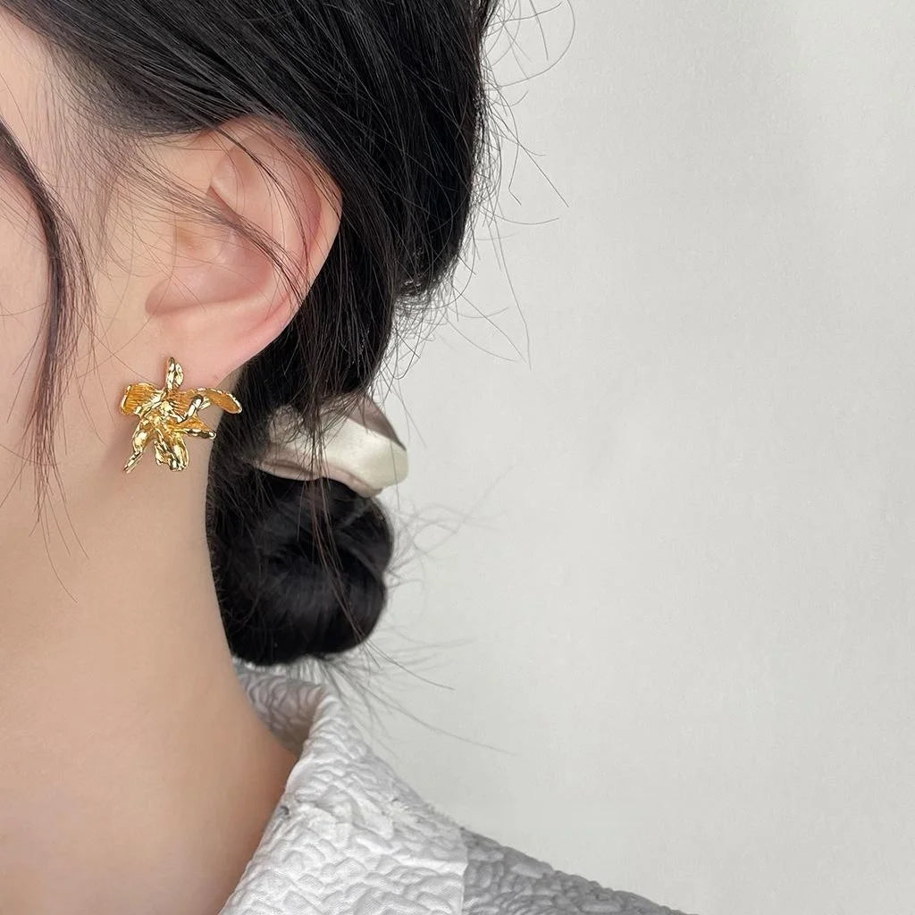 Copper Iris Flower Stud Earrings 3D Geometric Sweet Cool Style Jewelry For Women