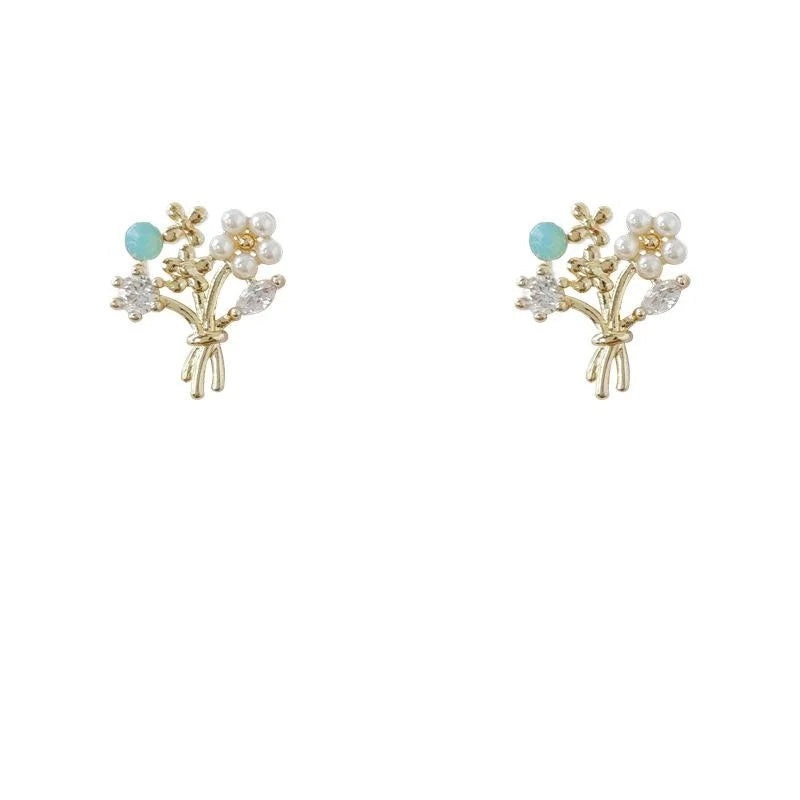 14K Plated Copper Floral Bouquet Stud Earrings With Zircon Micro Pave Korean Sweet Jewelry