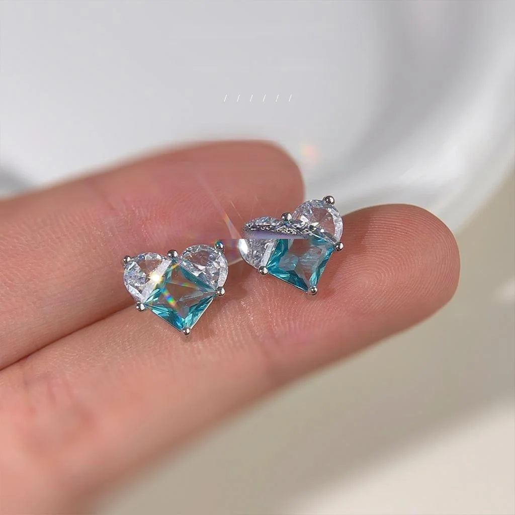Sweet Cool Blue Micro Pave Zircon Heart Stud Earrings, Copper Mini Minimalist