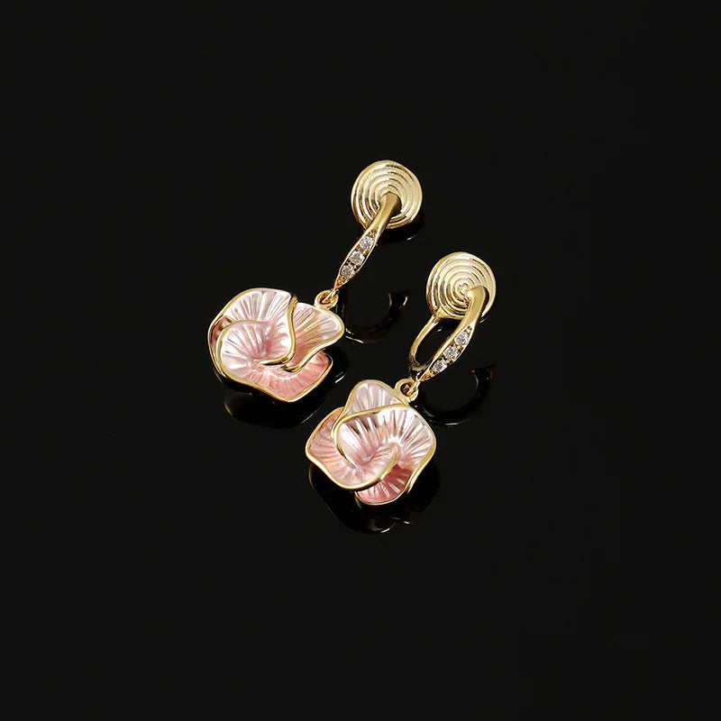 Elegant Pink Enamel Camellia Flower Rhinestone Spiral Drop Stud & Clip On No Piercing Earrings