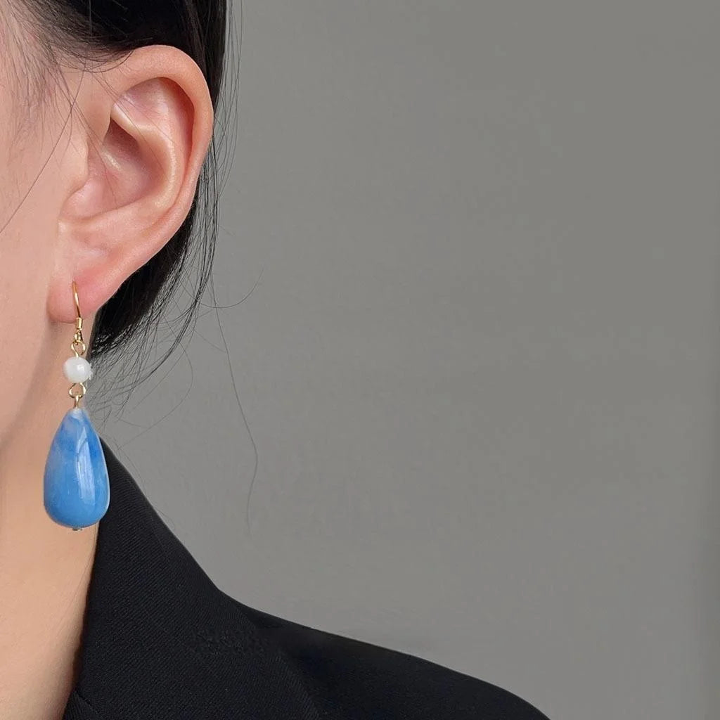 Original Design Haze Blue Handmade Gradient Teardrop Copper Drop Earrings, New Chinese French Vintage Style
