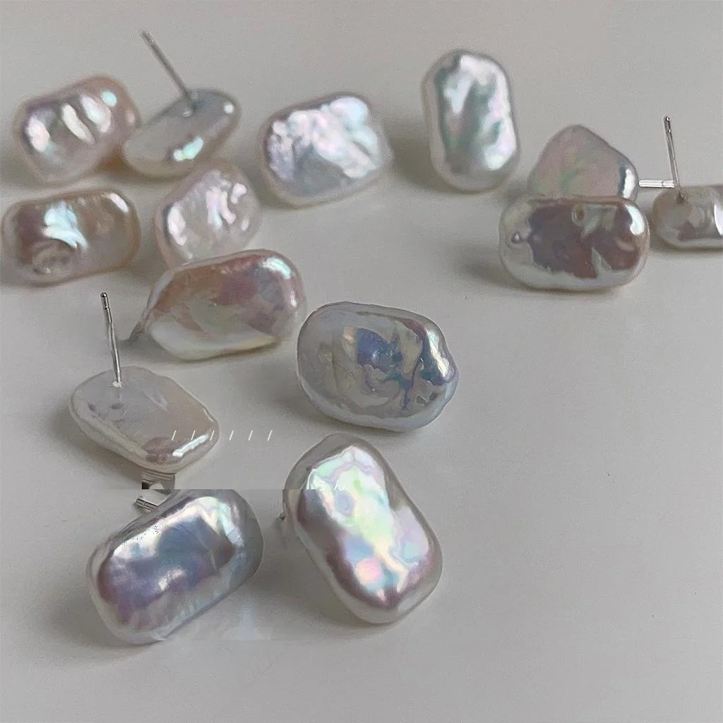 Baroque Irregular Freshwater Pearl Stud Earrings Silver Plated Pin Geometric Rectangle Jewelry