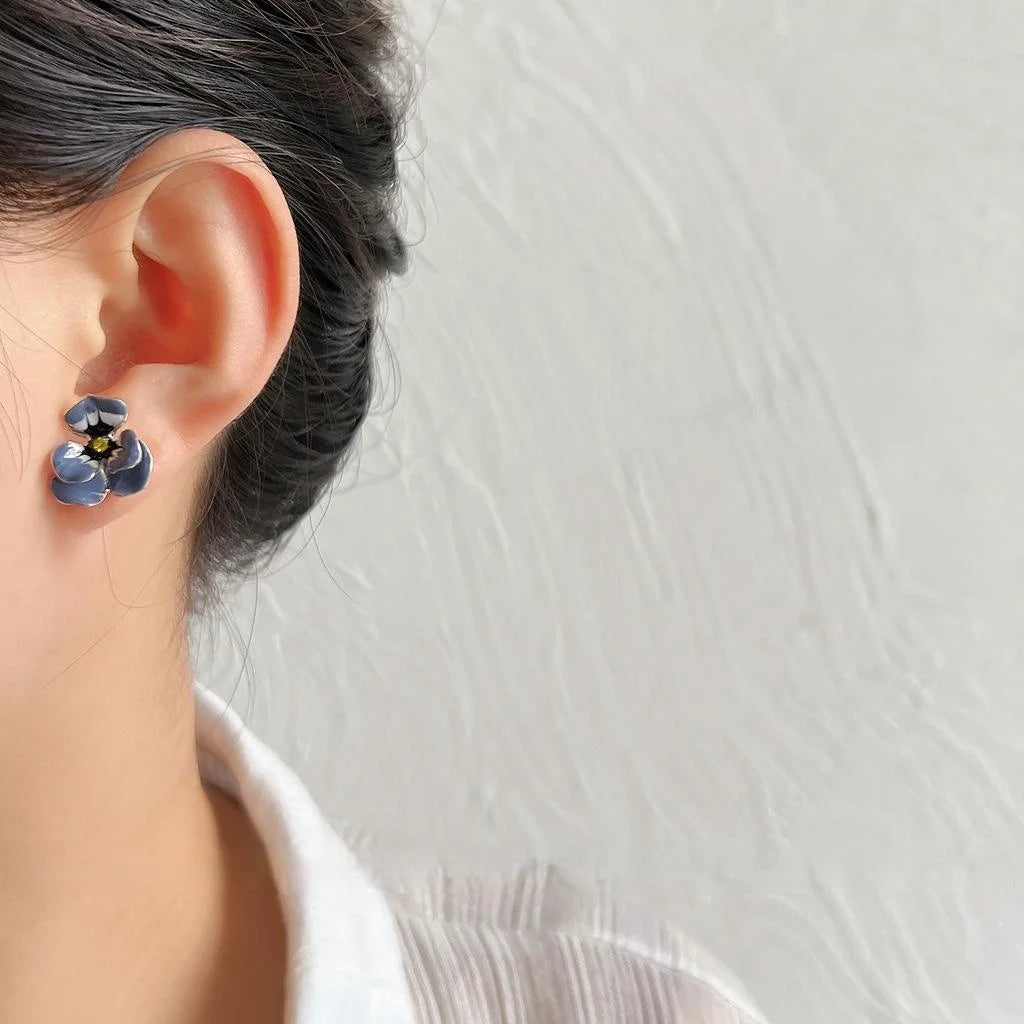 Copper Enamel Glazed Flower Stud Earrings With Silver Plated Pins Korean Japanese Vintage Style