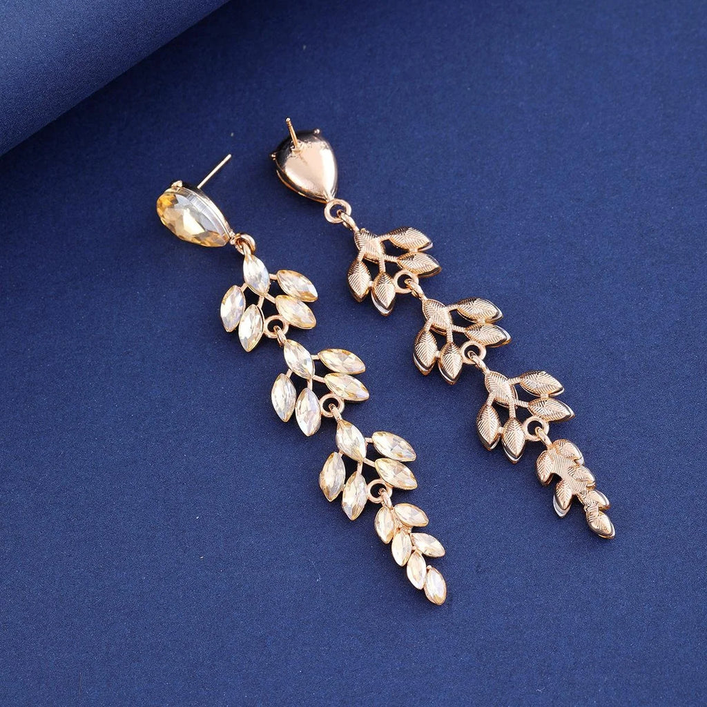 Luxury Blue Crystal Wheat Leaf Long Dangle Earrings, Alloy Rhinestone Drop Jewelry For Wedding Party