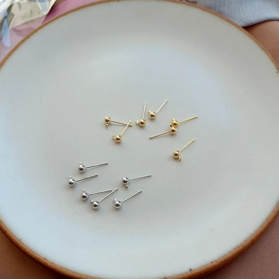 925 Sterling Silver Ball Stud Earrings With 14K Gold Plated Dangle Pin Handmade Jewelry Findings