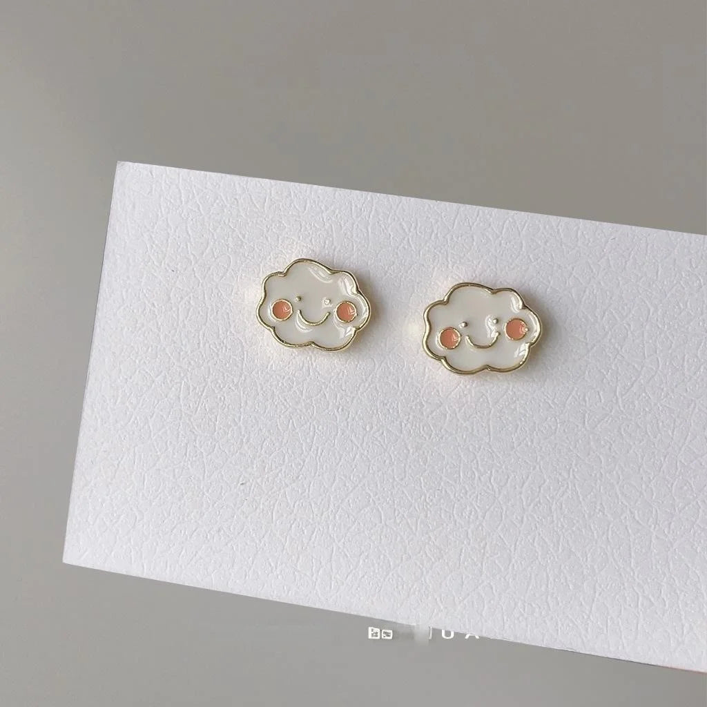 Cute Minimalist White Cloud Enamel Copper 14K Gold Plated Stud Earrings
