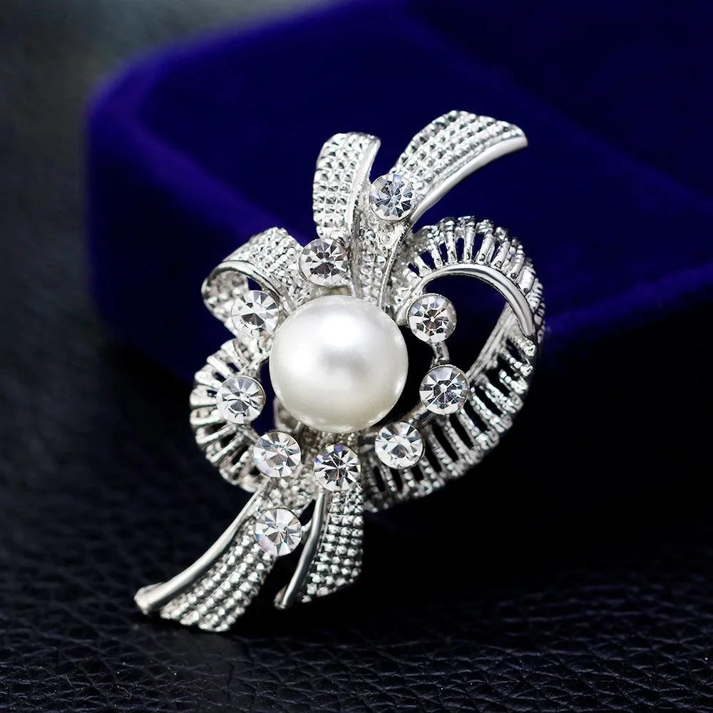 Elegant Pearl And Rhinestone Swirl Flower Brooch, Silver Alloy Wedding Corsage Lapel Pin Gift