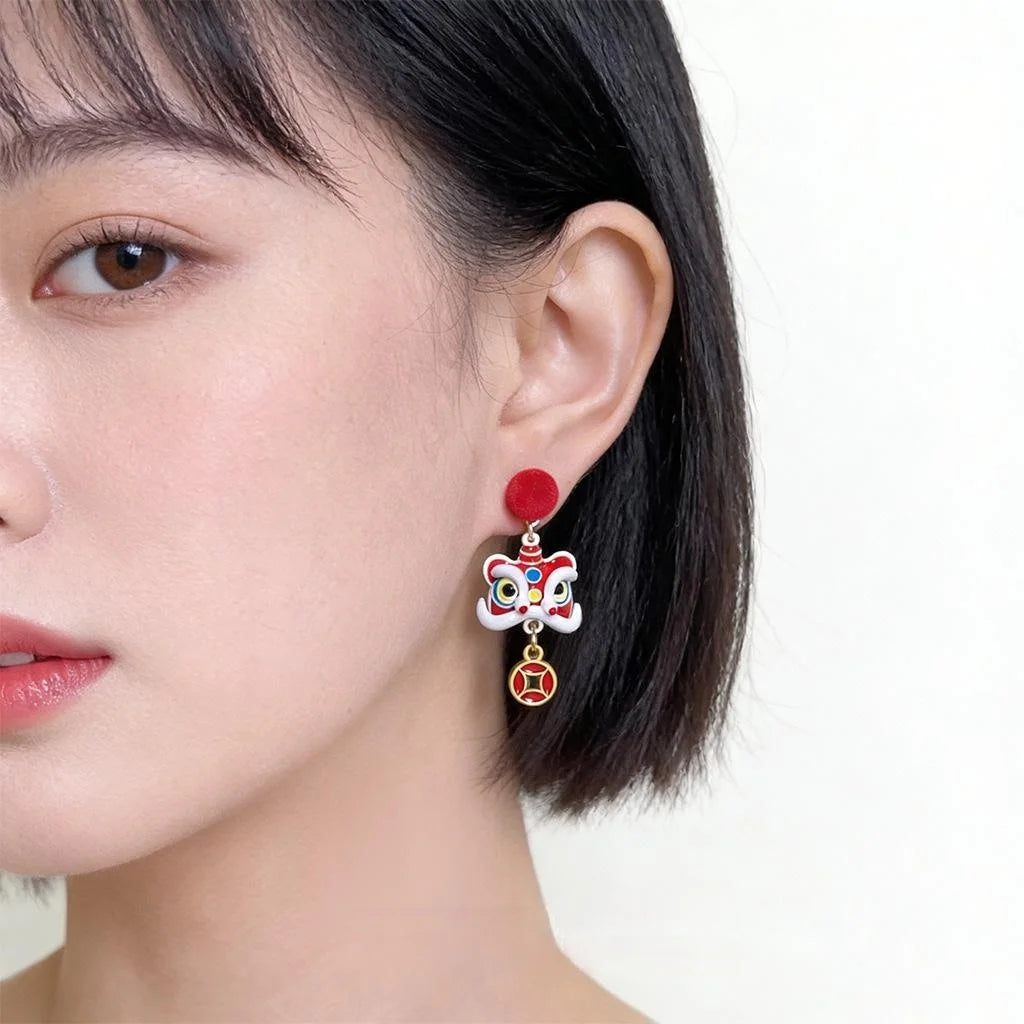 New Chinese Lion Dance Drop Earrings Flocked Enamel Drip Glaze Hand Painted New Year Jewelry