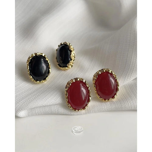 Palace Style Burgundy Oval Alloy Stud Earrings French Vintage Minimalist Geometric Jewelry
