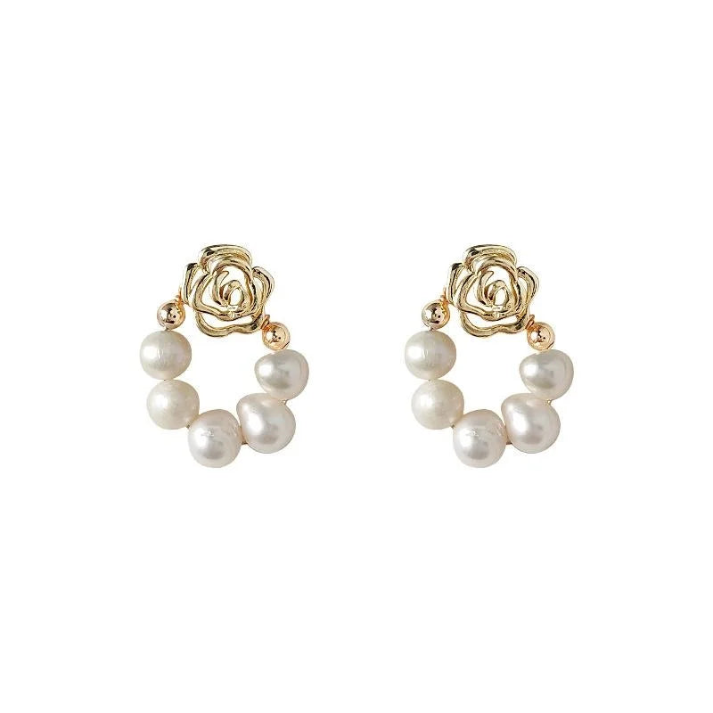 Handmade 14K Gold Plated Copper Rose Stud Earrings With Freshwater Pearl Forest Style