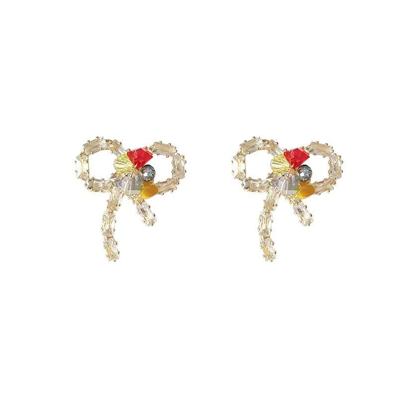 Micro Pave Zircon Bow Stud Earrings 14K Gold Plated Copper Handmade Designer Jewelry