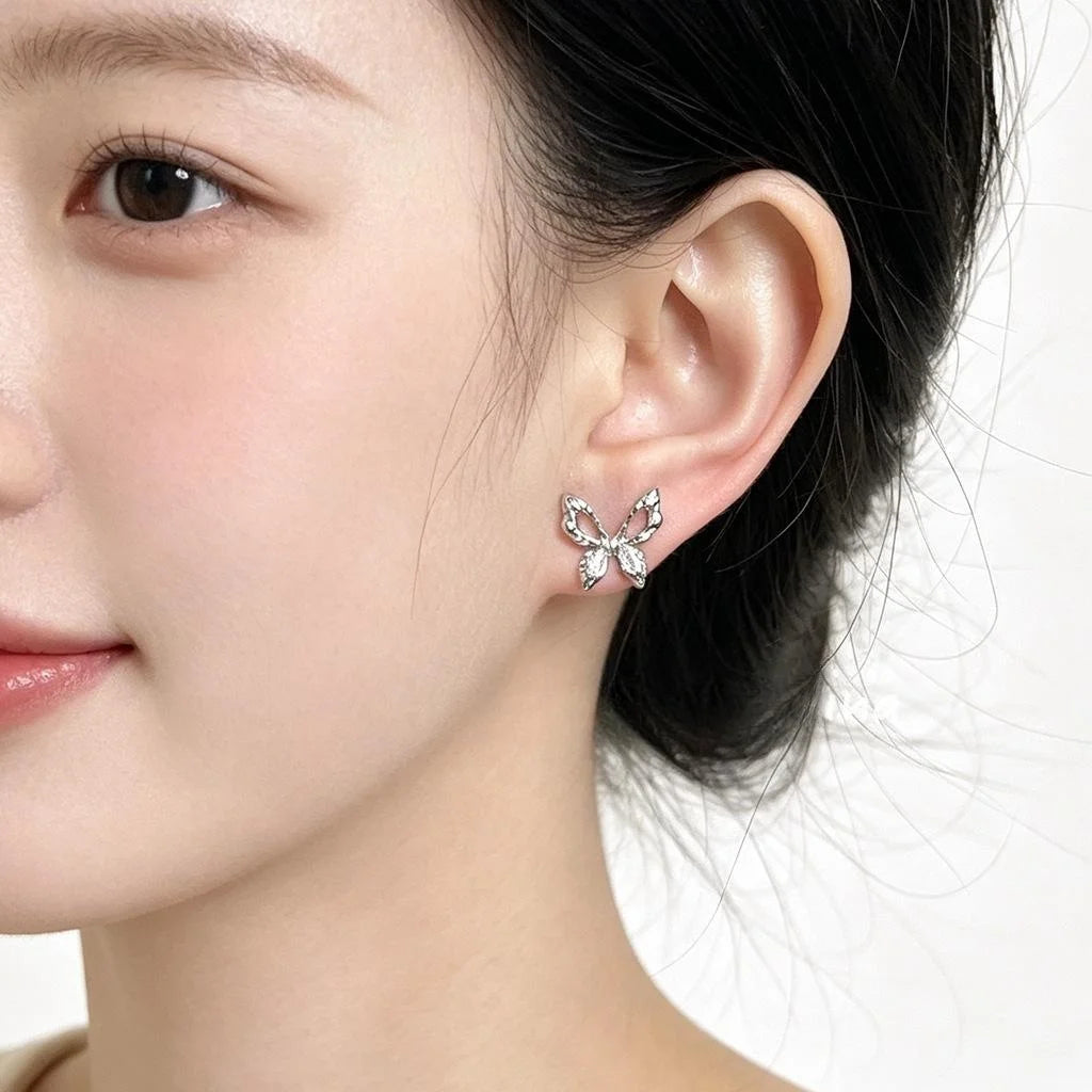Mini Micro Pave Zircon Butterfly Stud Earrings Copper Fresh Simple Silver Plated Pin