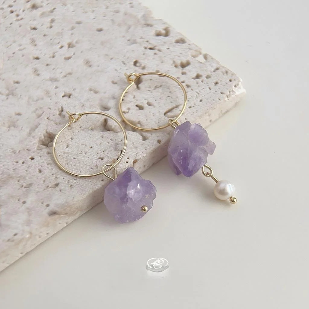 Handmade Amethyst Crystal Freshwater Pearl Asymmetric Geometric Drop Earrings For Women