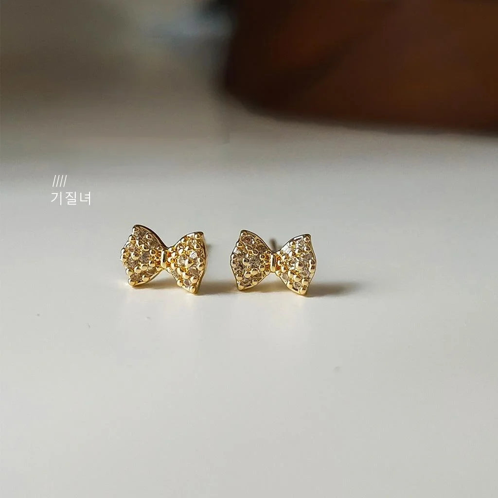 Mini Bow Stud Earrings 14K Plated Copper Micro Pave Zircon Fresh Minimalist Jewelry