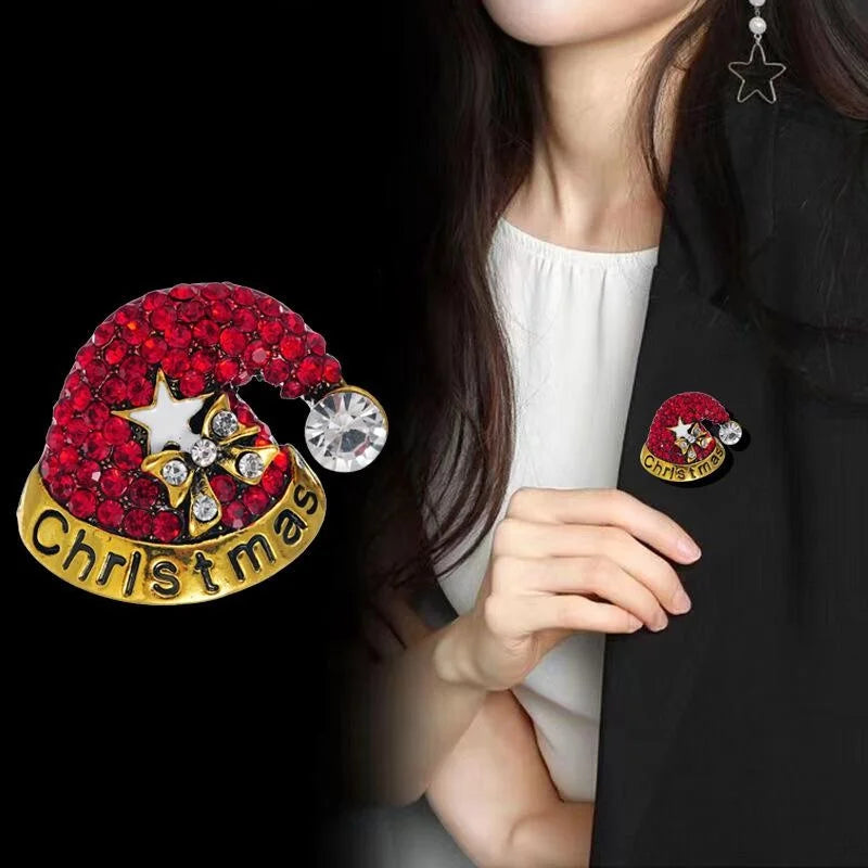 Cute Christmas Santa Hat Brooch, Alloy Enamel Rhinestone Luxury Women's Lapel Pin Corsage Gift