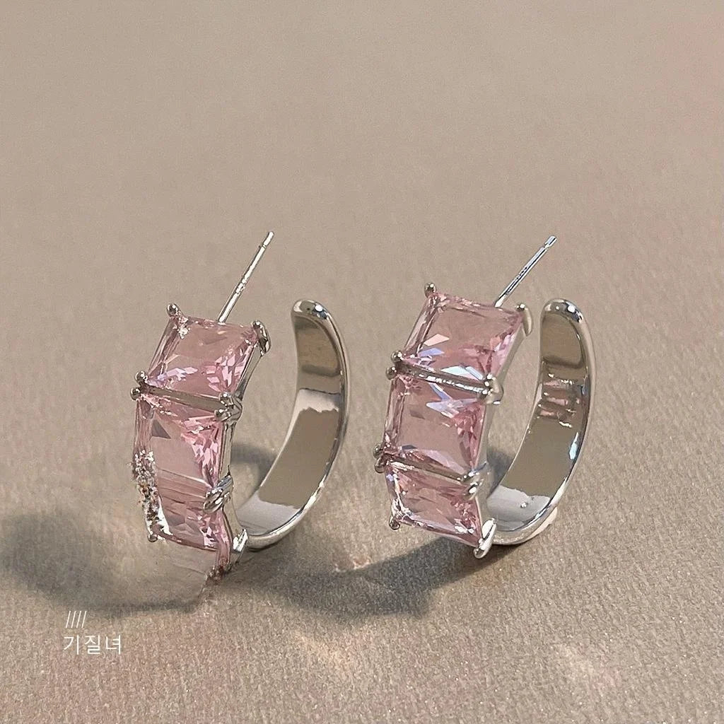 Sweet Cool Pink Zircon Sugar Cube C-Shaped Copper Hoop Earrings With Silver Plated Pins