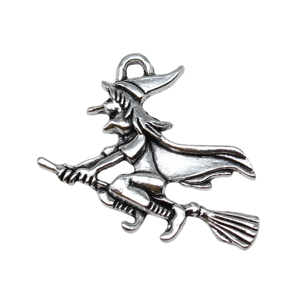 36x34mm 3.6g Antique Silver Zinc Alloy Broom Riding Wizard Charm Pendant for DIY Jewelry Making