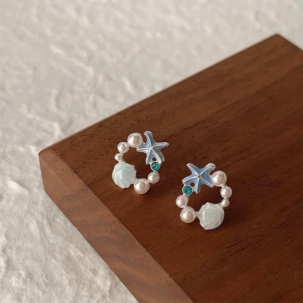 Copper Starfish Shell Enamel Stud Earrings With Pearl Ocean Wave Sweet Elegant Style