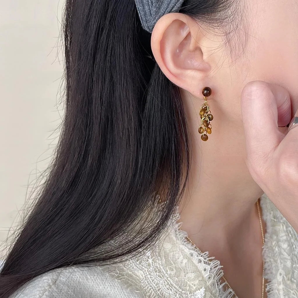14K Gold Plated Tiger Eye Natural Stone Tassel Drop Earrings Maillard Vintage Designer Jewelry