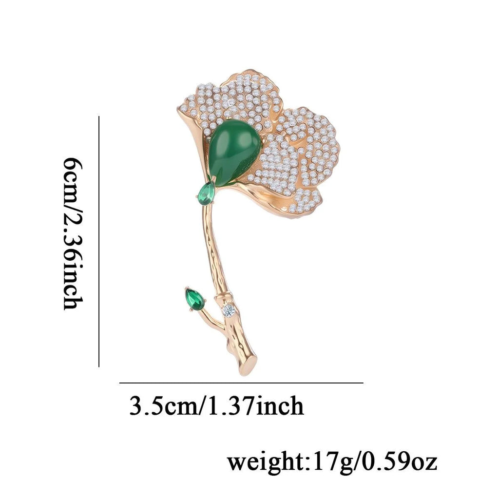Elegant Gold Alloy Ginkgo Leaf Brooch With Rhinestones And Green Stone, Women's Lapel Pin Corsage Gift