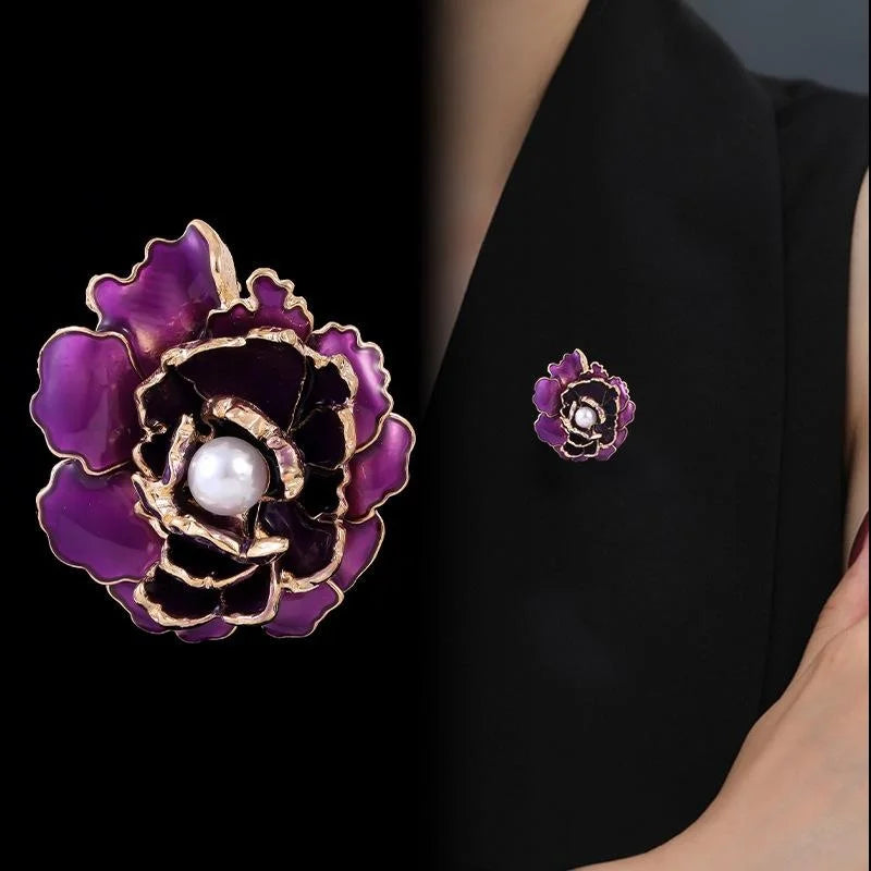 Elegant Red Enamel Peony Flower Brooch With Pearl Center, Gold Tone Alloy Lapel Pin Corsage Gift